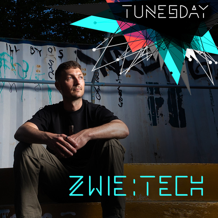 Das Bild zeigt das Wort Tunesday, von bunten Grafiken untermalt und den DJ Zwie:Tech.